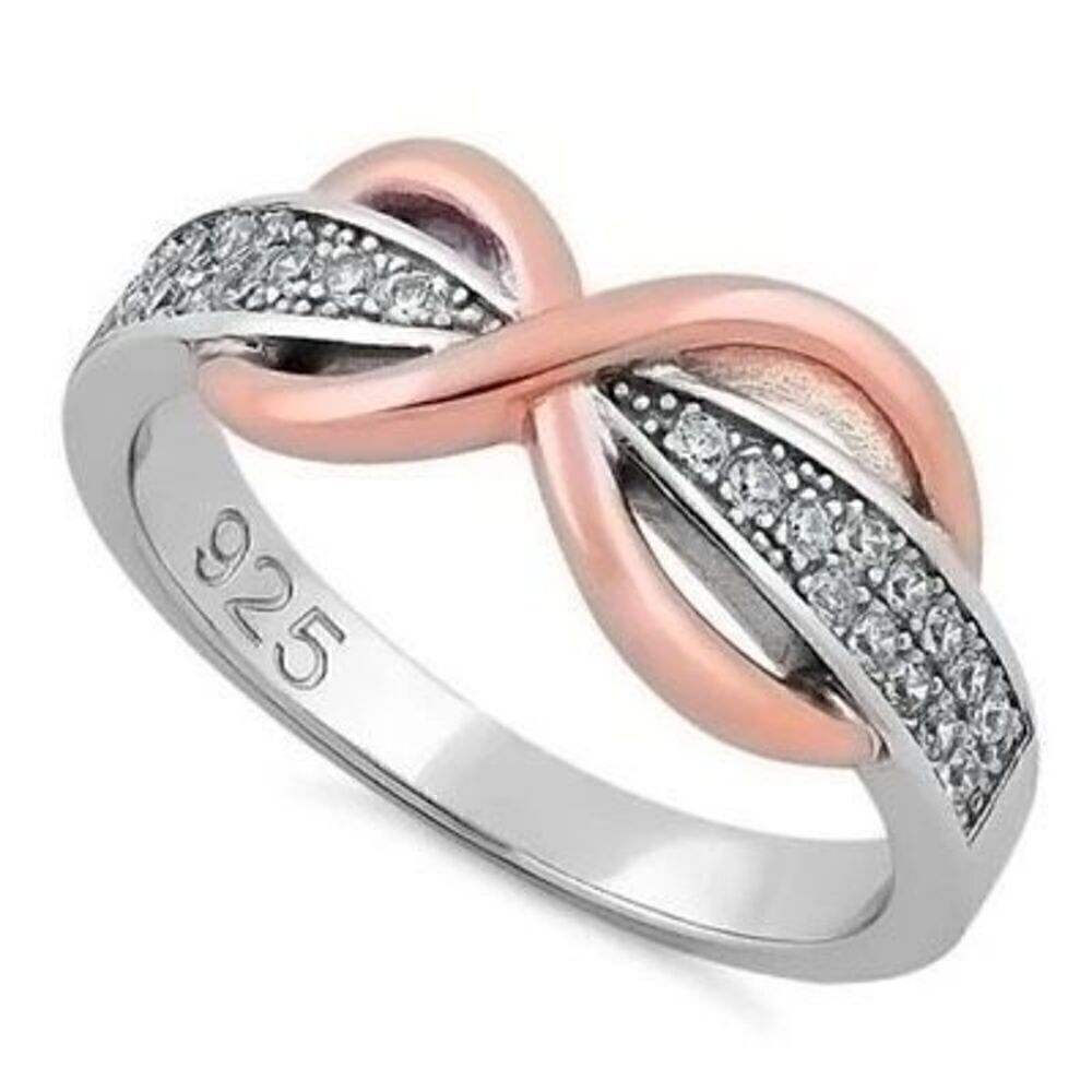 Sterling Silver Two-Tone Rose Gold Infinity Pave CZ Ring Womens Jewelry New